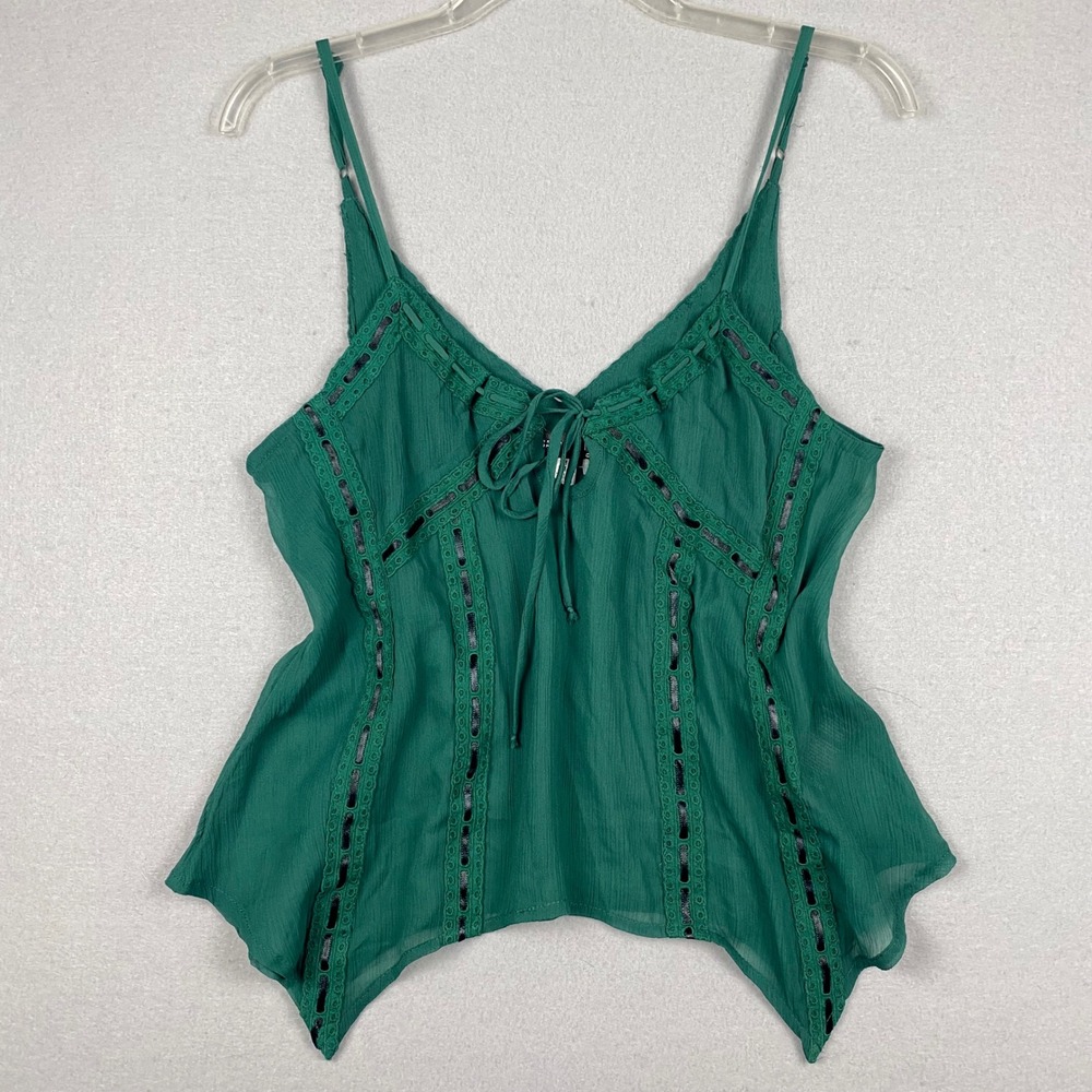 Urban Outfitters Green Eyelet Lace Tie Front Handkerchief Hem Cami Top M Fairy